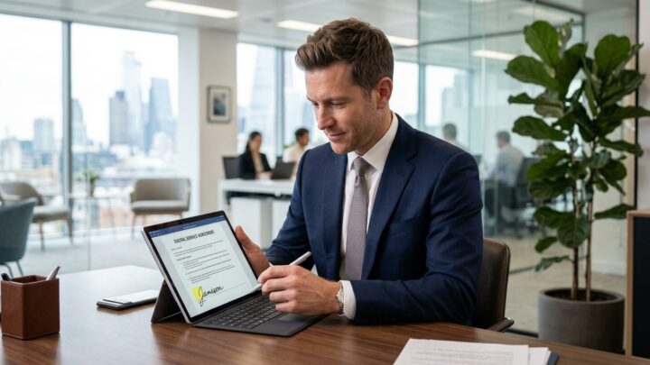 Person underskriver kontrakt digitalt på tablet i forbindelse med underskrivelse af kontrakter online