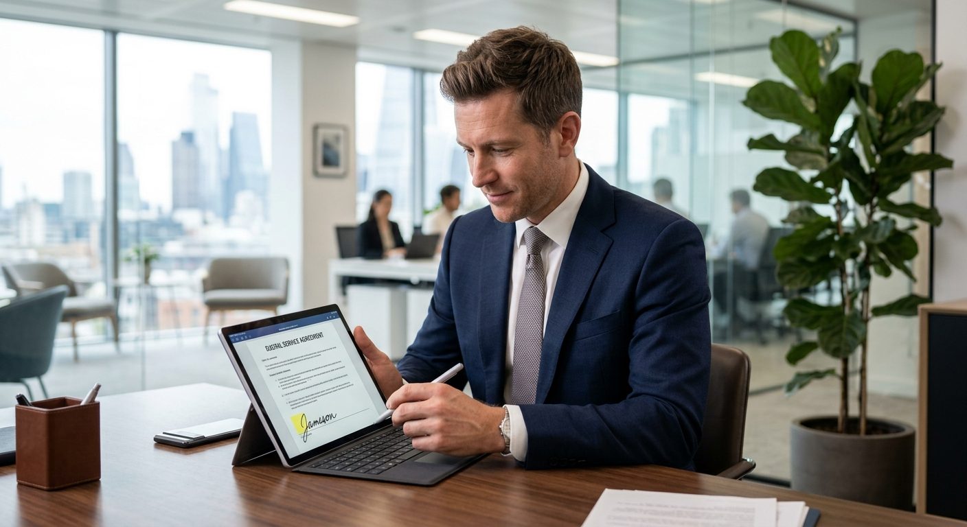 Person underskriver kontrakt digitalt på tablet i forbindelse med underskrivelse af kontrakter online
