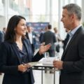 To forretningsfolk i samtale ved et netværksarrangement, hvor den ene giver sin elevator pitch