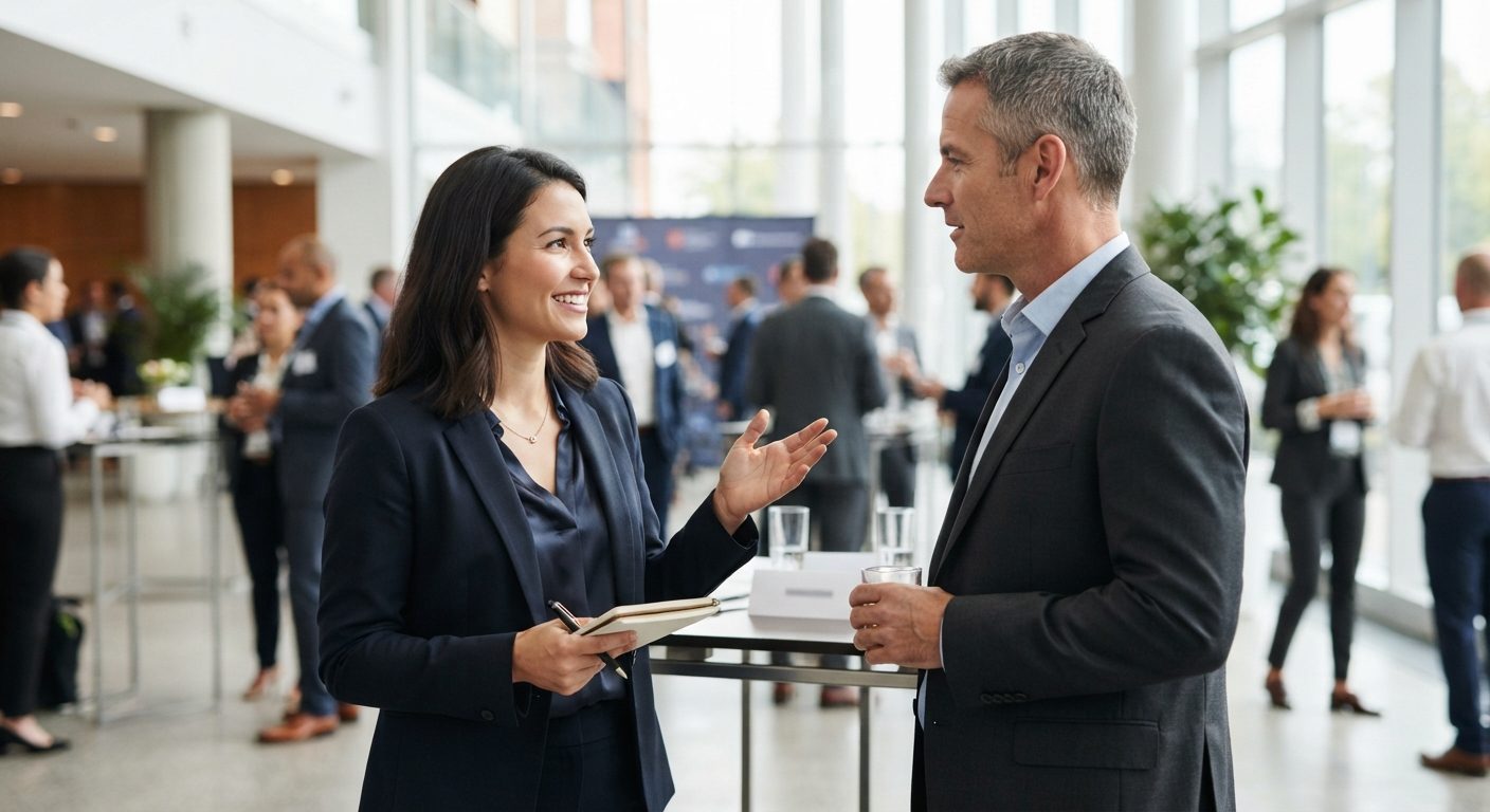 To forretningsfolk i samtale ved et netværksarrangement, hvor den ene giver sin elevator pitch
