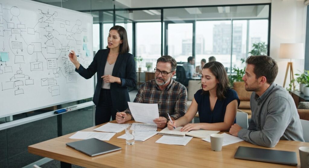 Virksomhedsleder og medarbejdere diskuterer forretningsstrategi ved whiteboard på kontoret
