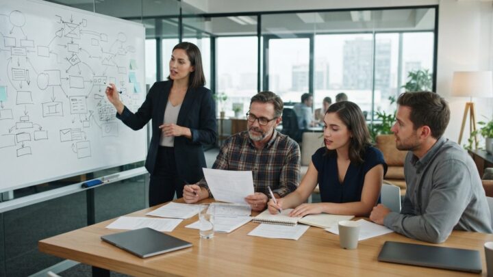 Virksomhedsleder og medarbejdere diskuterer forretningsstrategi ved whiteboard på kontoret