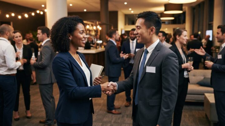 Forretningsfolk opbygger et professionelt netværk ved et networking-arrangement