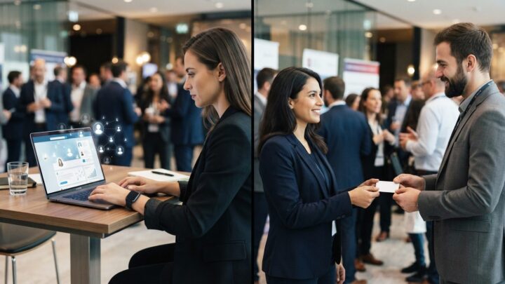 Forretningsperson opbygger professionelt netværk både online og til fysiske events