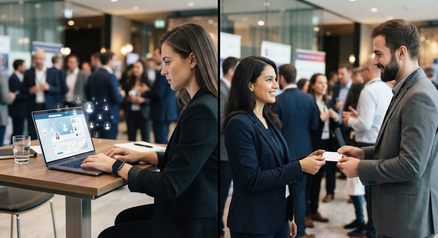 Forretningsperson opbygger professionelt netværk både online og til fysiske events