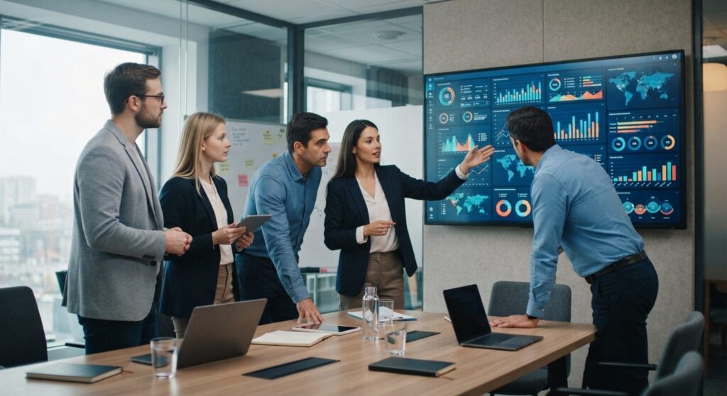 Forretningsteam analyserer data som del af strategisk forretningsintelligens