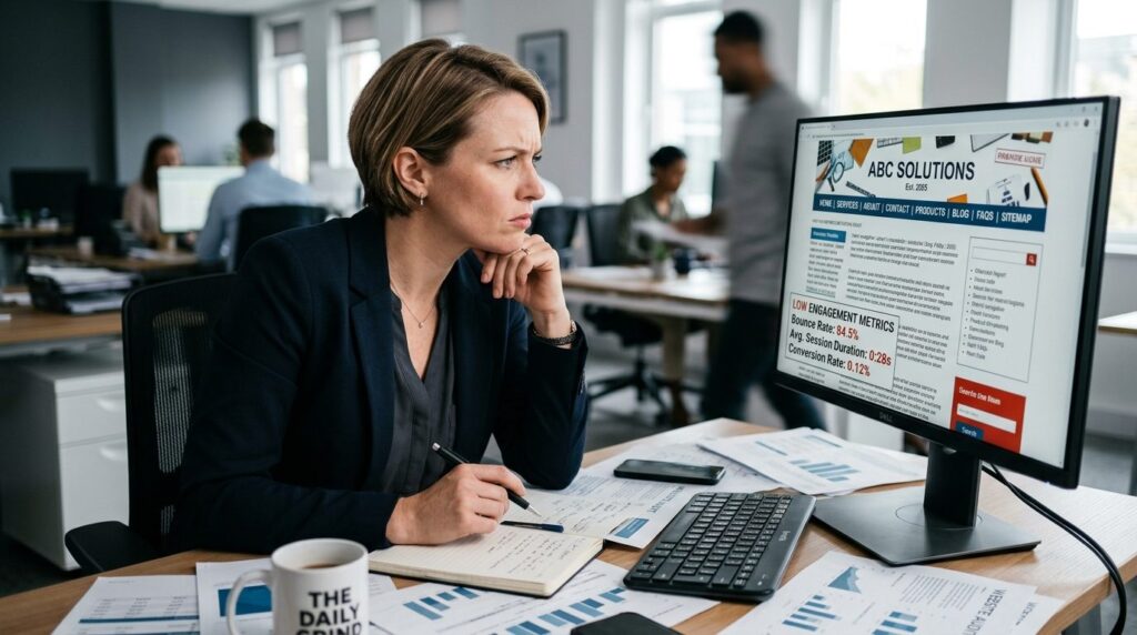 Bekymret erhvervsperson studerer forældet computerudstyr og dokumenter ved skrivebord.