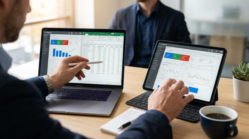 Close-up of businessmans hands analyzing Google Ads perform