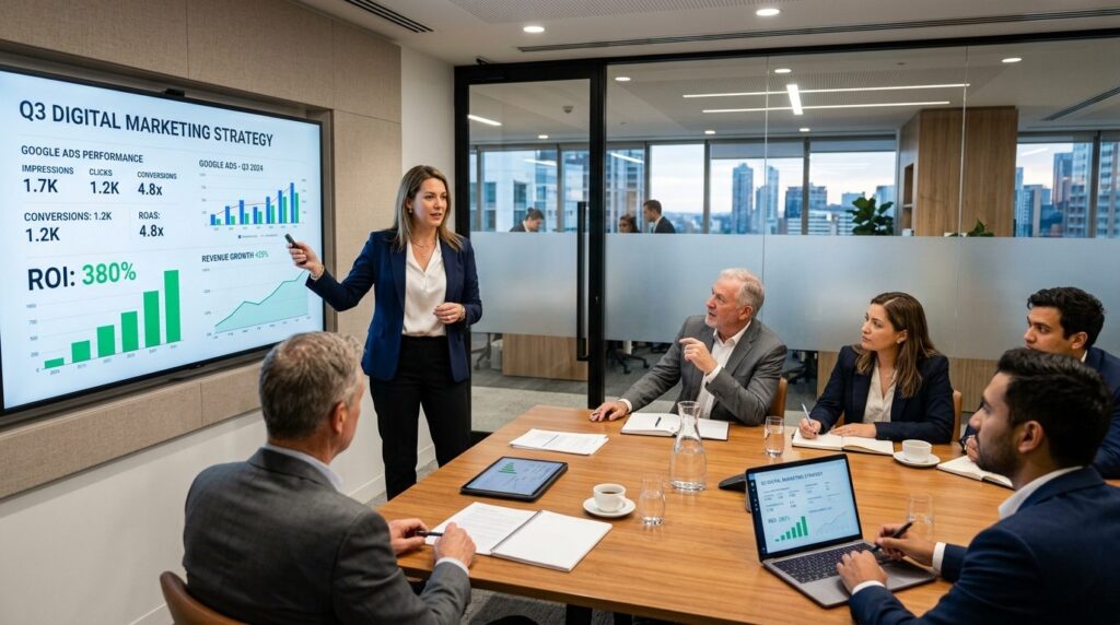 Female business consultant in professional attire presenting