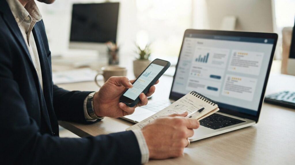 Close-up of business managers hands holding smartphone and 