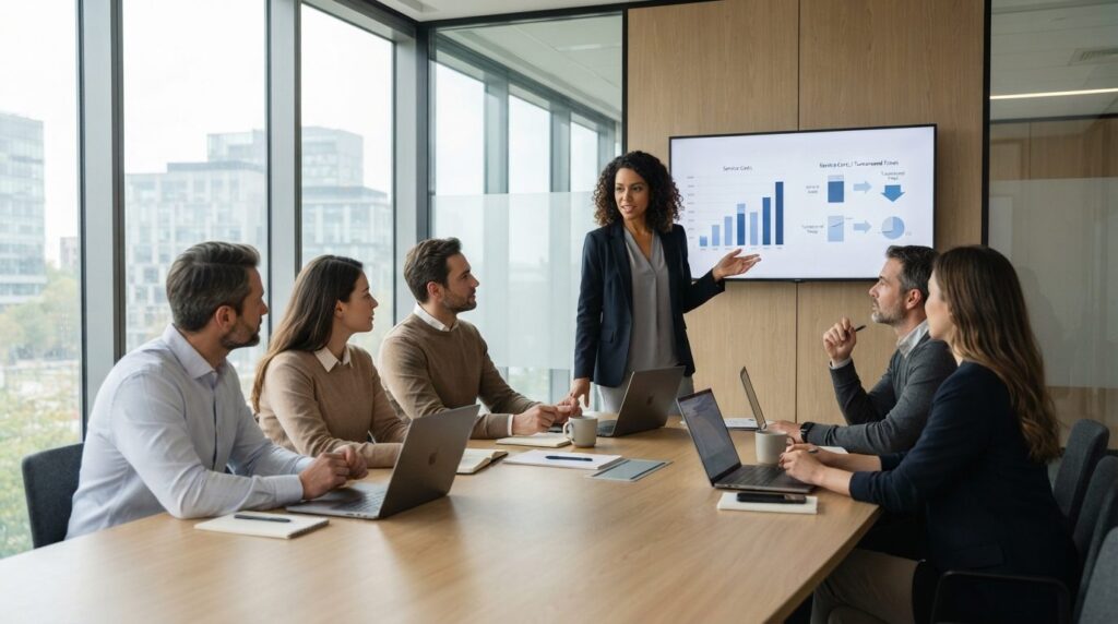 Corporate team meeting in conference room, business professi