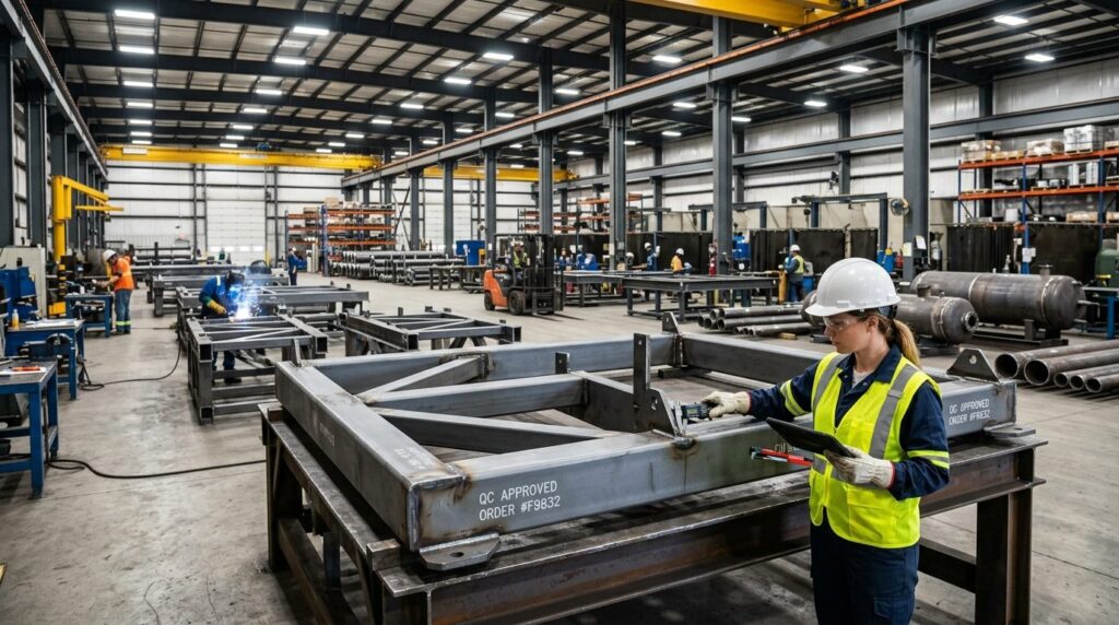 Industrial steel fabrication facility interior with complete