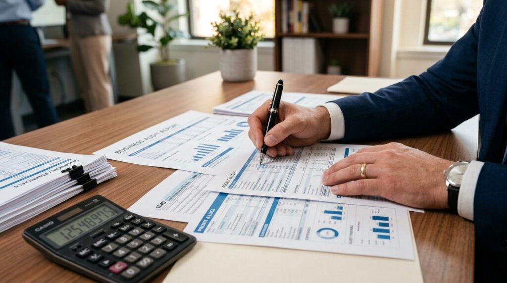 Close-up of businessmans hands reviewing organized financia