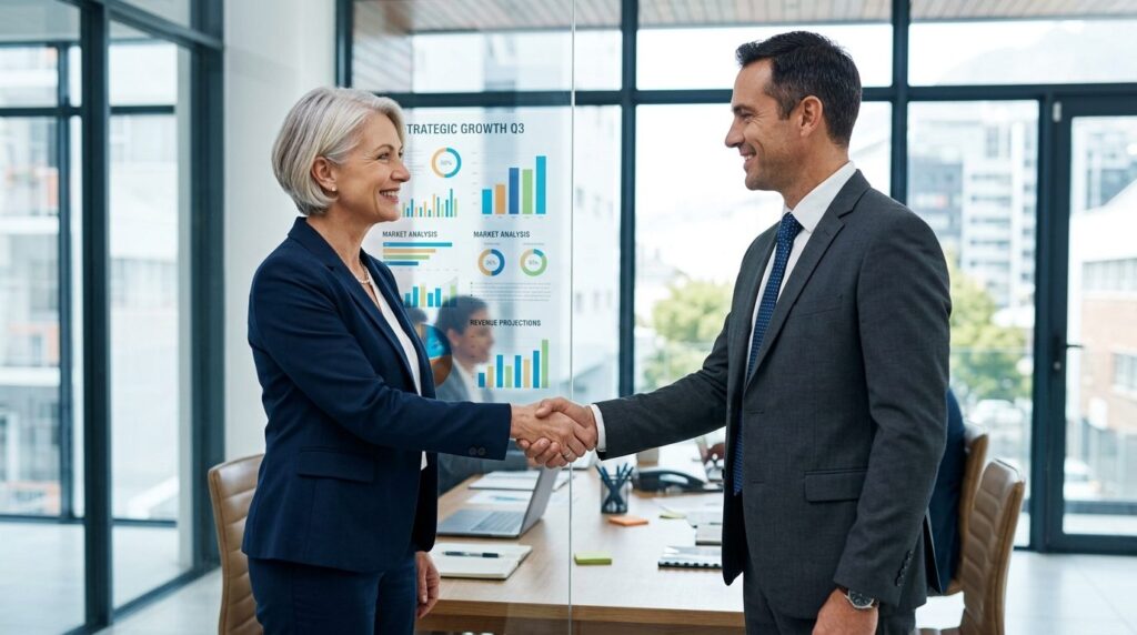 Mature business owner in formal attire shaking hands with a