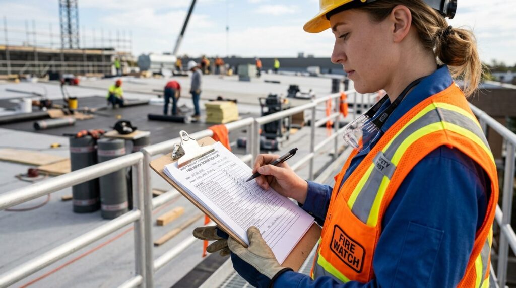 Close-up of a fire watch professional holding a clipboard wi