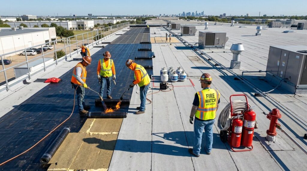 Overhead view of construction workers performing hot roof wo