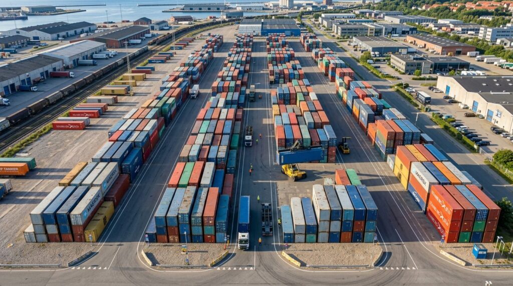 Overhead view of multiple rental containers arranged on a co