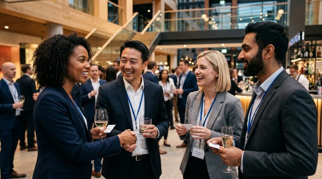 Close-up of diverse business professionals networking at a c