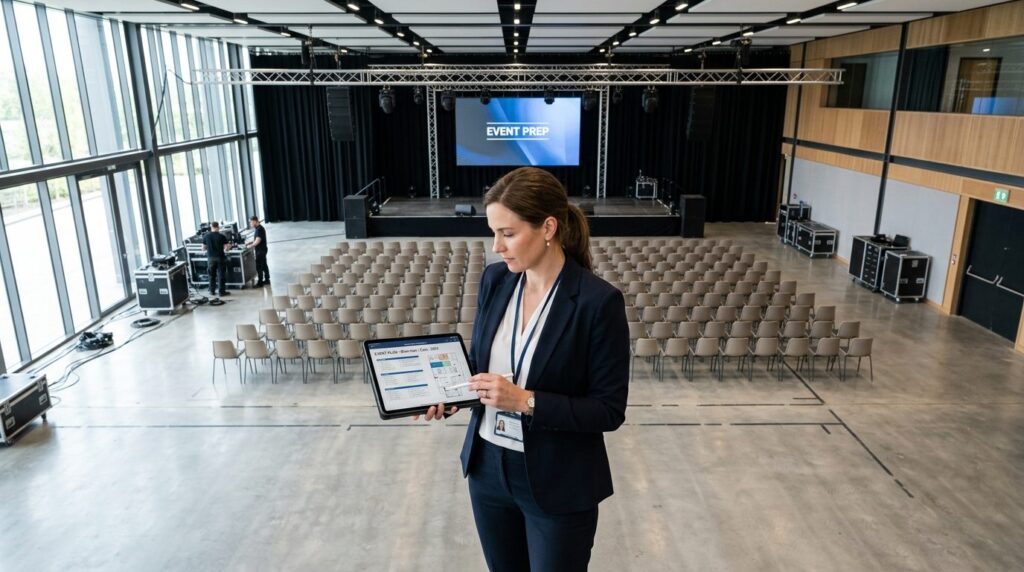 Event project manager reviewing digital planning details on