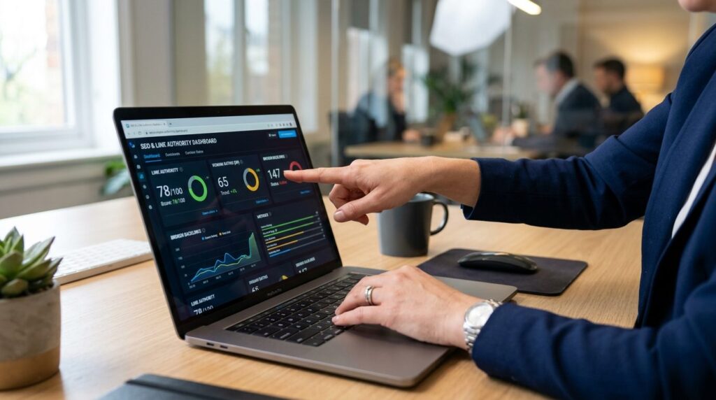 Close-up of business professionals hands pointing at digita