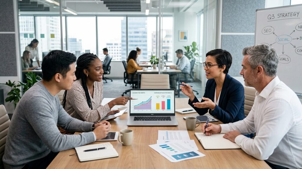 Business network meeting scene with entrepreneurs discussing