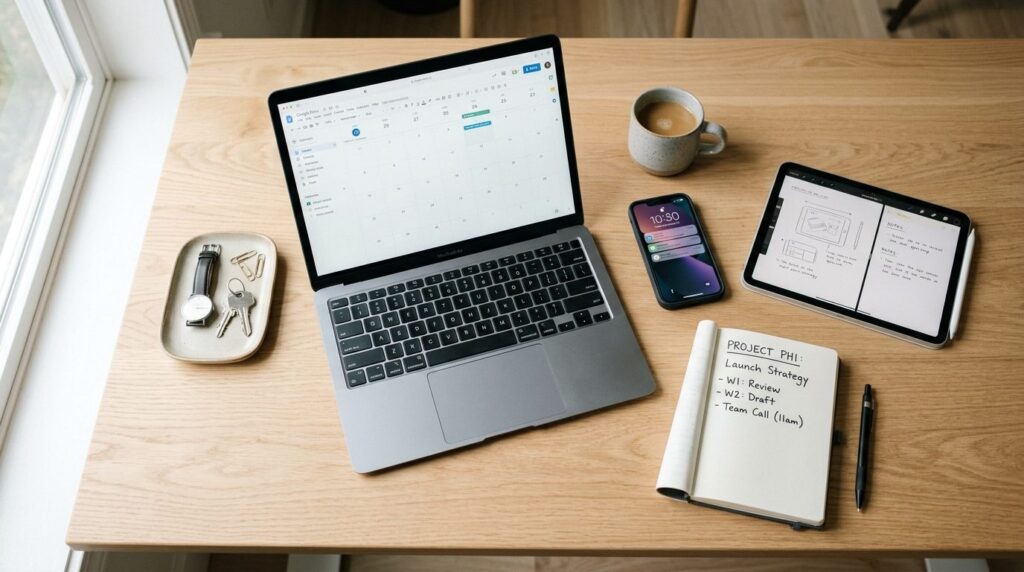 Close-up overhead view of business desk essentials: open lap