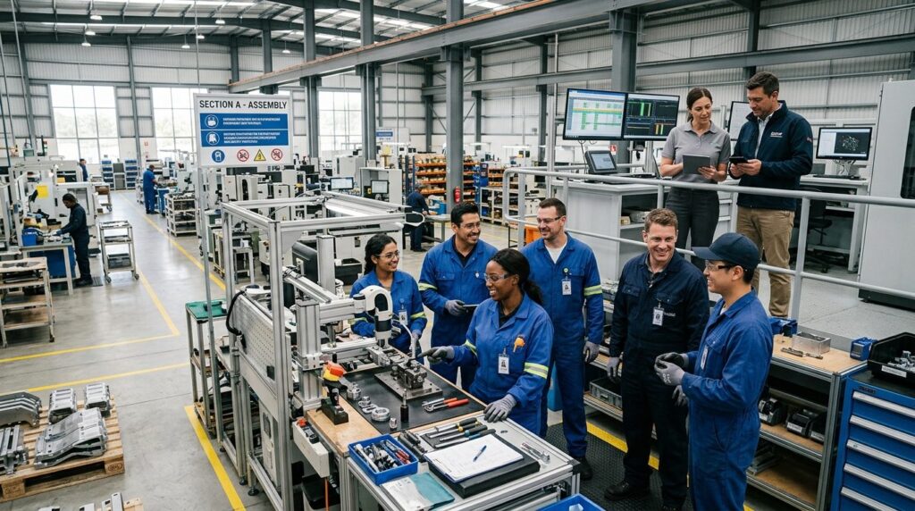 Wide-angle photograph of a diverse manufacturing or retail f