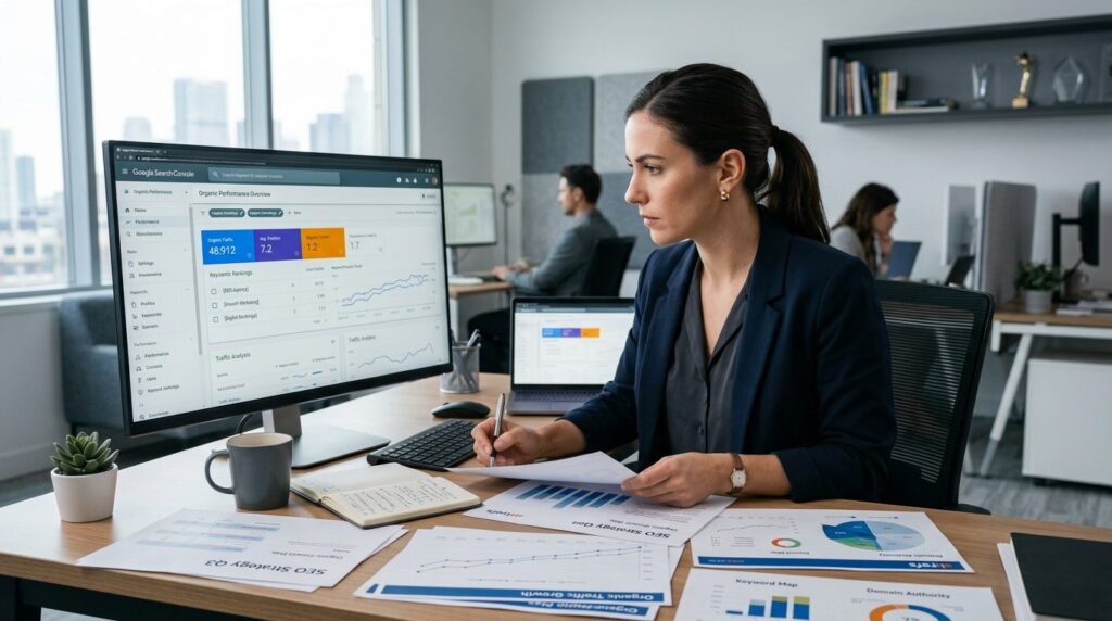 Female marketing professional reviewing organic search ranki