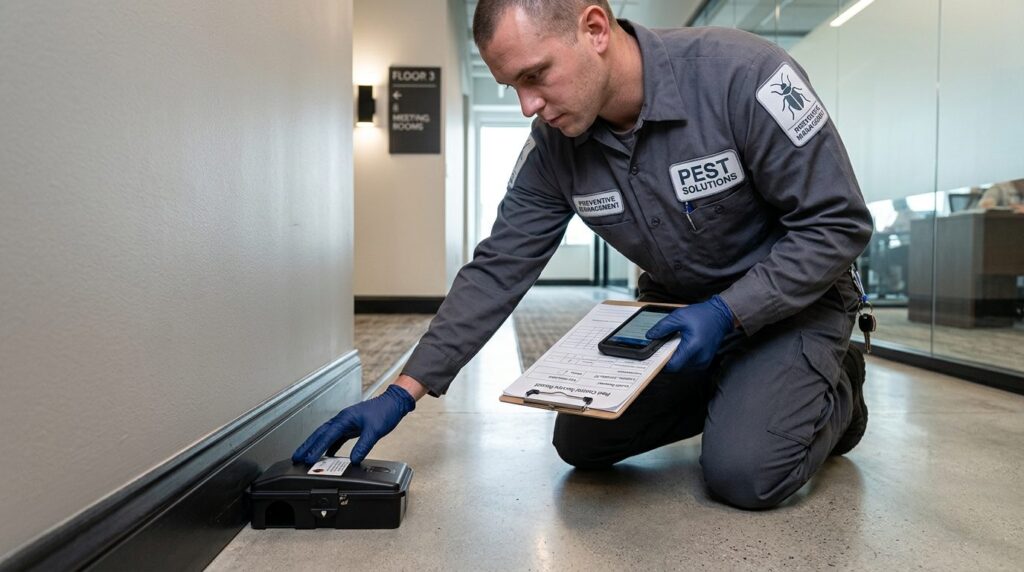 Close-up of professional pest management technician setting 