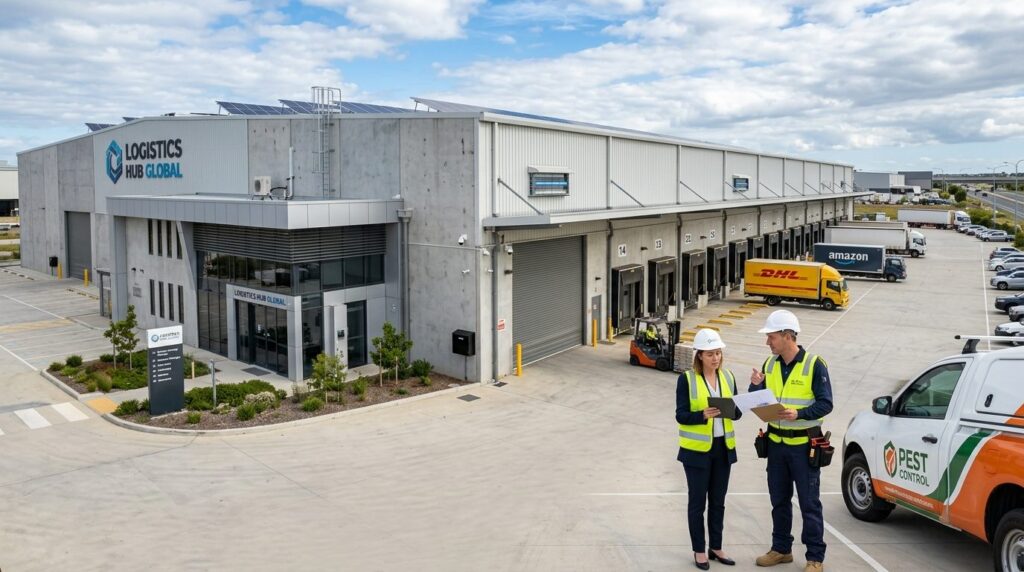 Wide shot of modern commercial logistics facility with strat