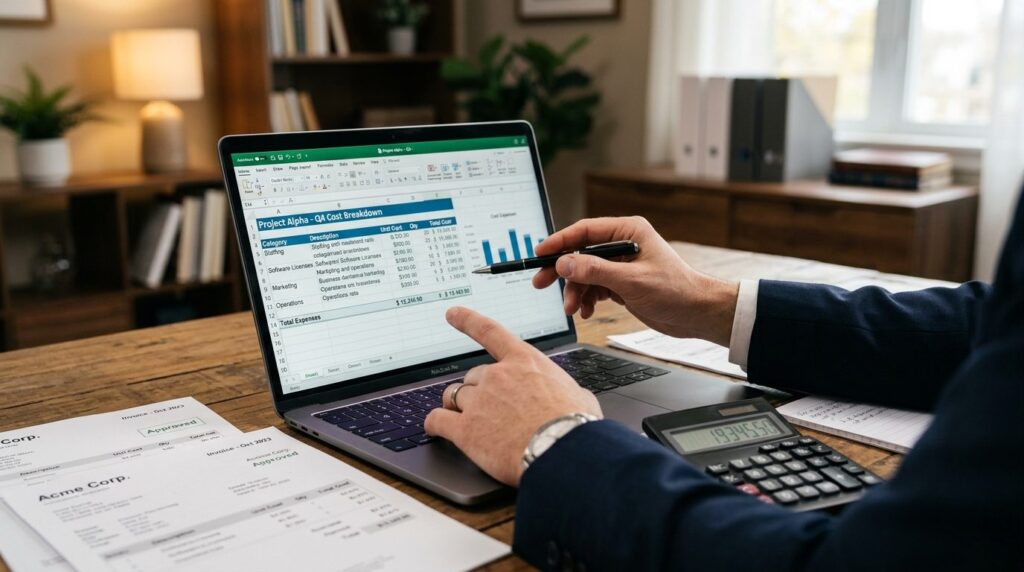 Close-up of businessmans hands analyzing cost breakdown spr