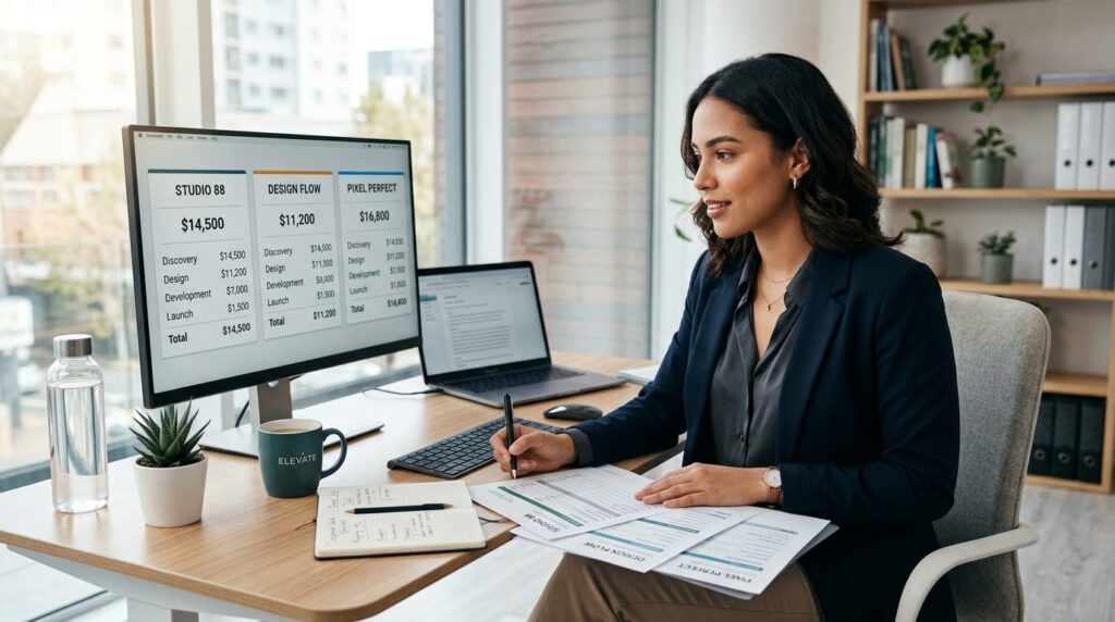 Young female entrepreneur sitting at desk comparing web desi