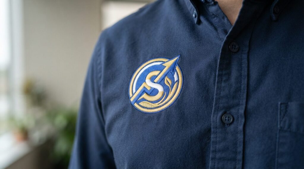 Close-up of embroidered company logo on chest of professiona