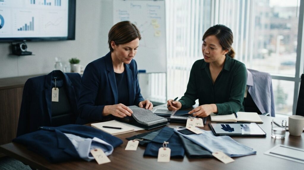 HR manager and business decision-maker reviewing fabric samp