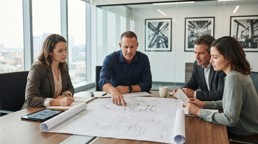 Corporate meeting room scene with business professionals and