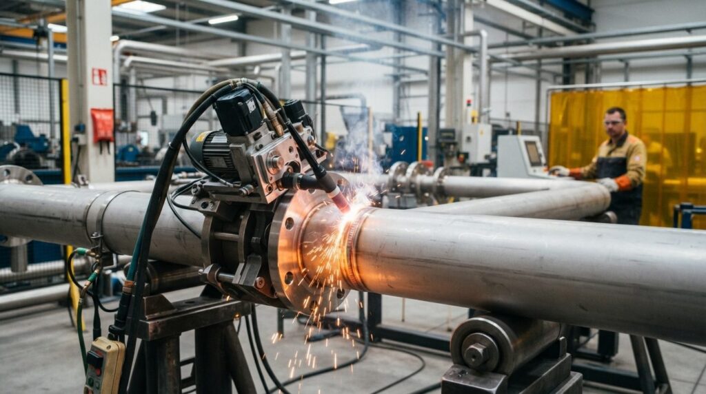 Industrial production line with automated orbital welding ma