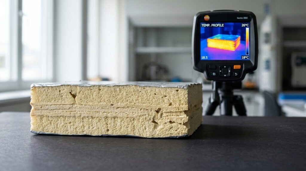 Close-up detail of PIR foam insulation material cross-sectio