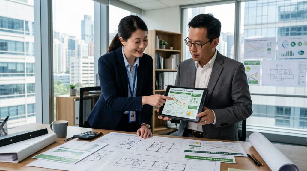 Commercial property manager or building engineer pointing at