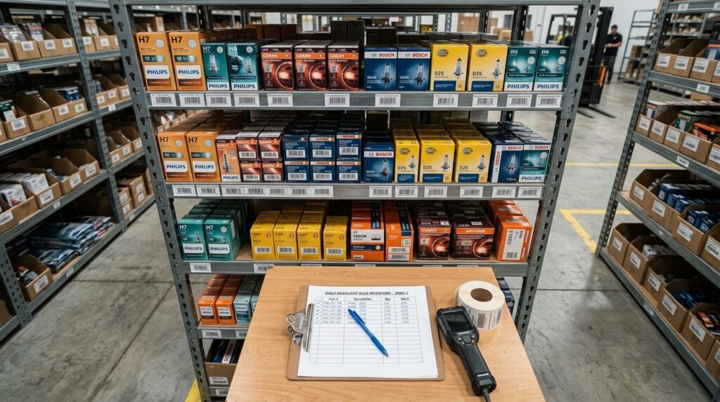Overhead view of car headlight bulb inventory management: Or