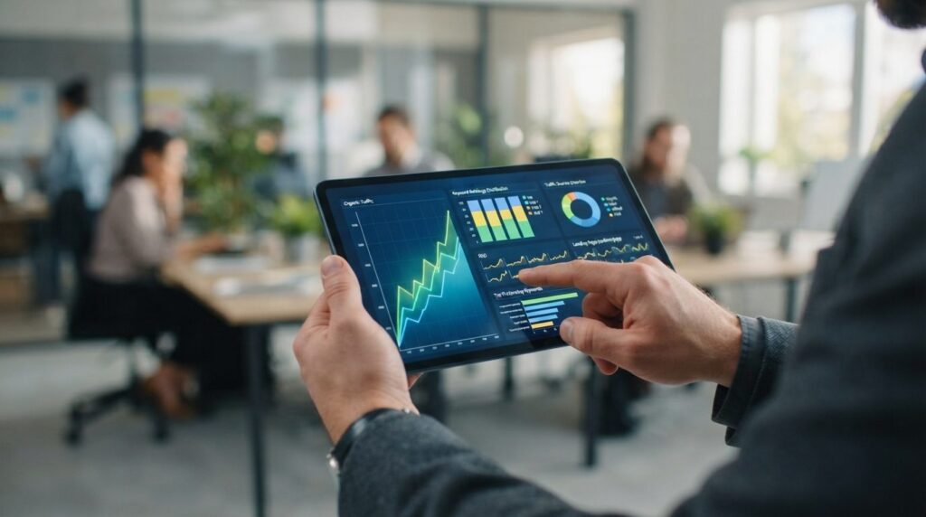 Close-up of hands working with digital marketing dashboard o