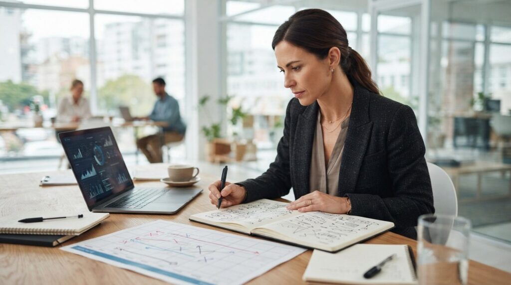 Professional woman at desk in modern office planning SEO str