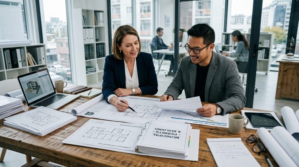 Business owner and architect collaborating over commercial b