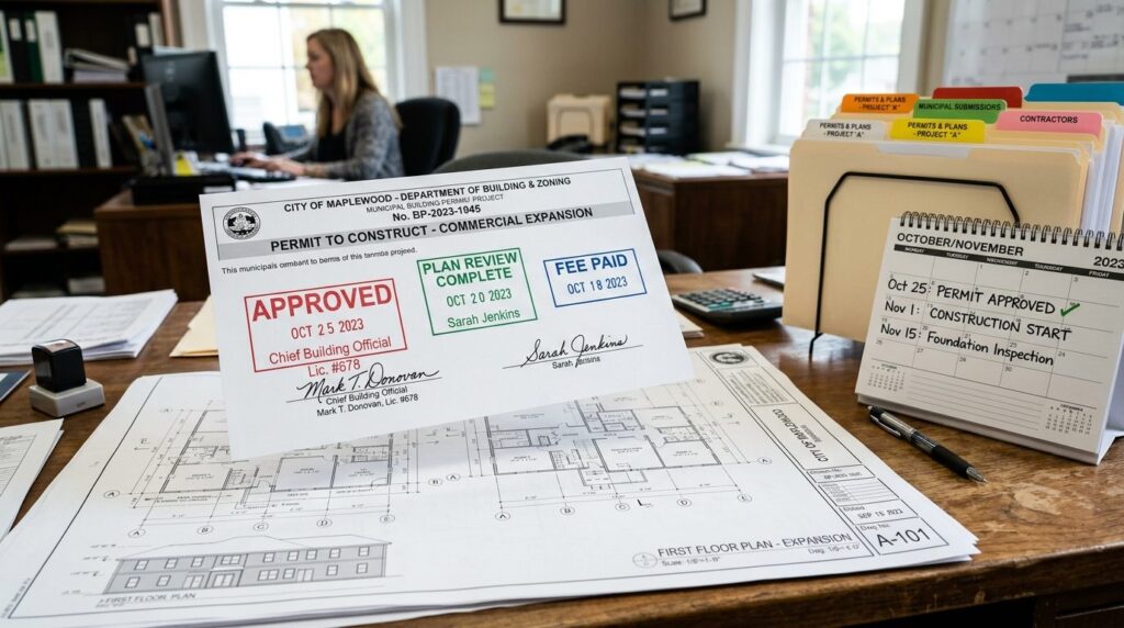 Close-up of approved building permit stamps and signatures o