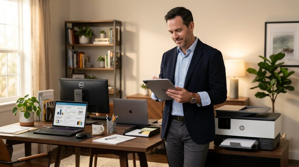 Businessman in business casual attire reviewing printer stat
