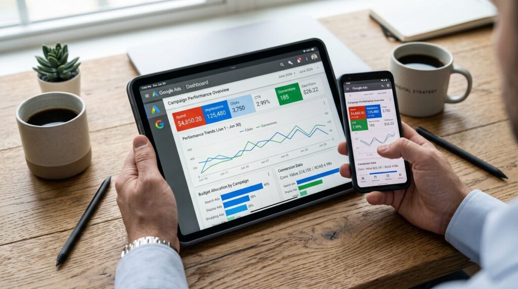 Close-up of businessmans hands holding smartphone and table