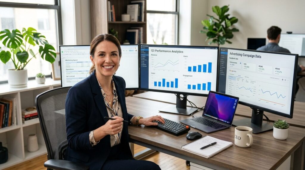 Confident female entrepreneur in business casual attire sitt