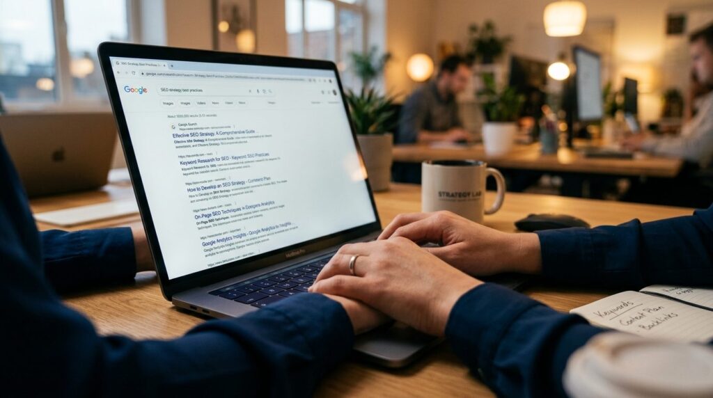 Close-up of hands typing on keyboard with Google search resu