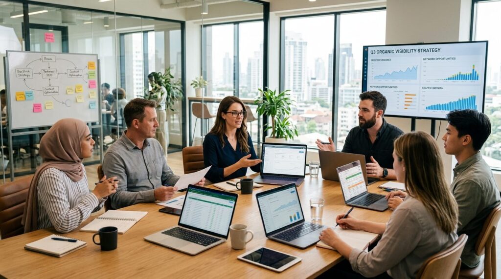 Team of digital marketers and content strategists collaborat