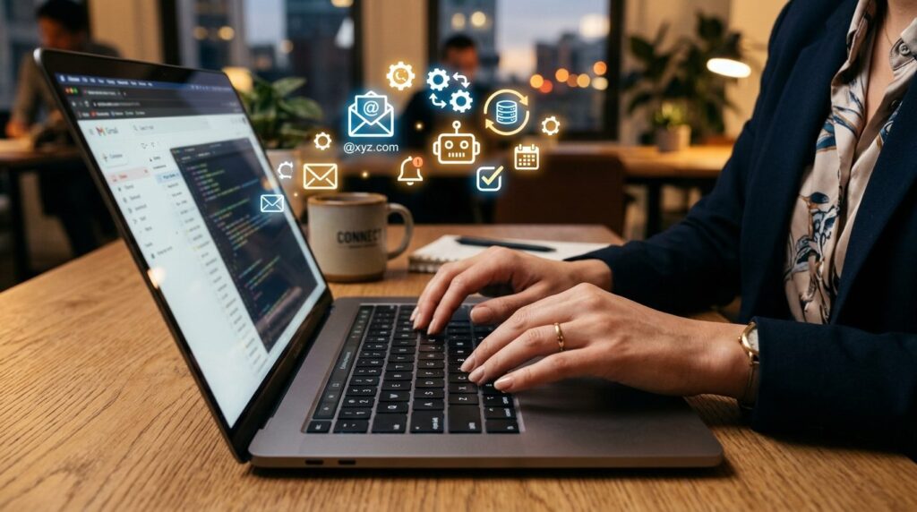 Close-up of businesswomans hands typing on laptop keyboard 