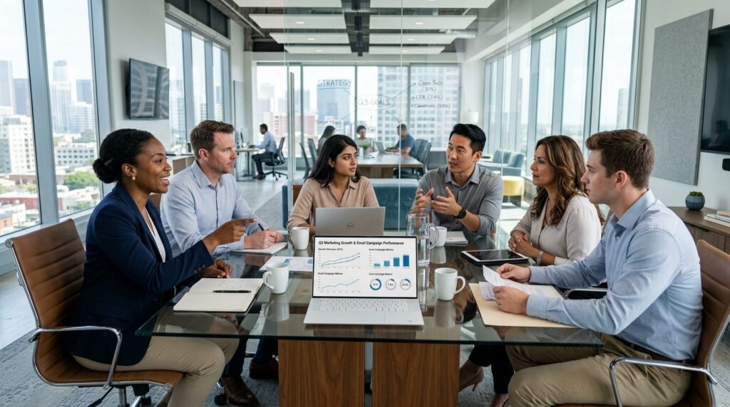 Marketing team in modern office conference room around table